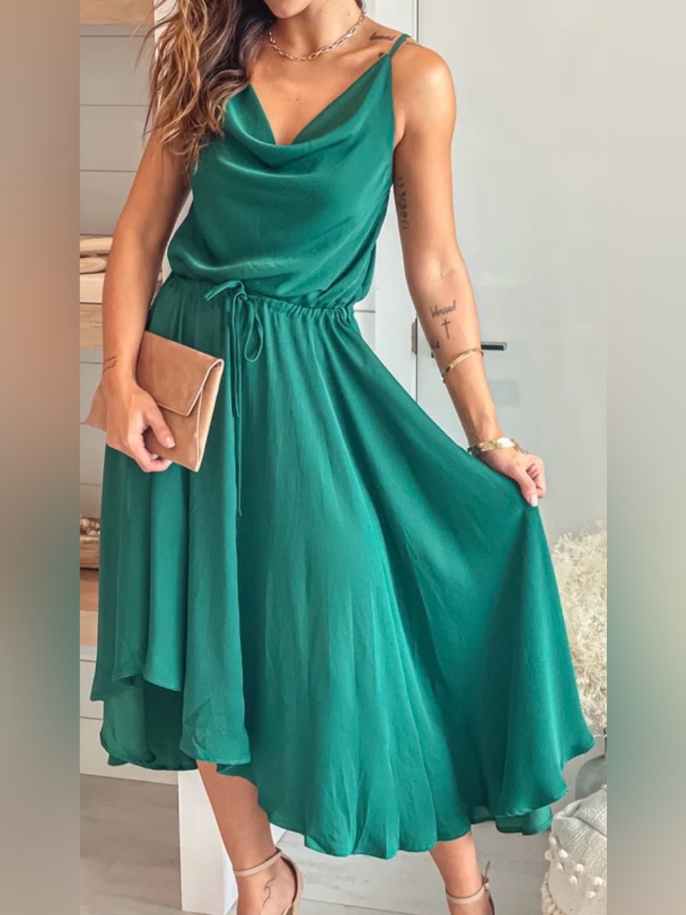 Main Strip Teal Cowl-Neck High-Low Dress